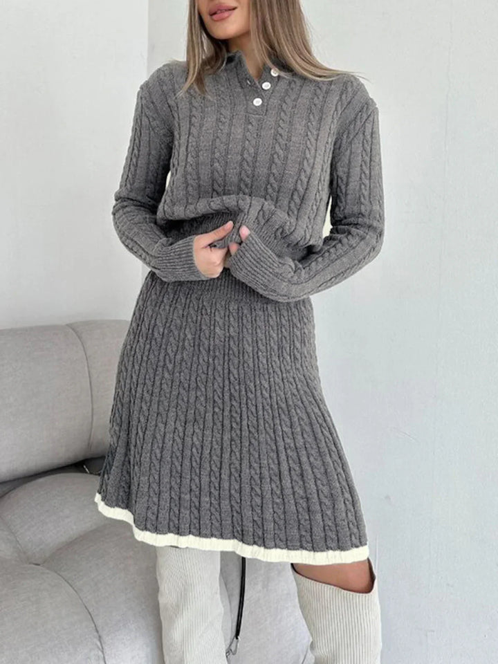 Set fustă cu rever și tricot cu model de cablu